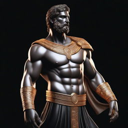 A majestic Greek god adorned in black and golden attire, with diamond accents, standing against a black background