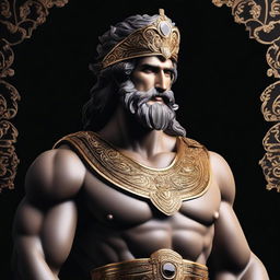 A majestic Greek god adorned in black and golden attire, with diamond accents, standing against a black background