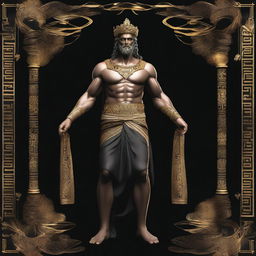 A majestic Greek god adorned in black and golden attire, with diamond accents, standing against a black background