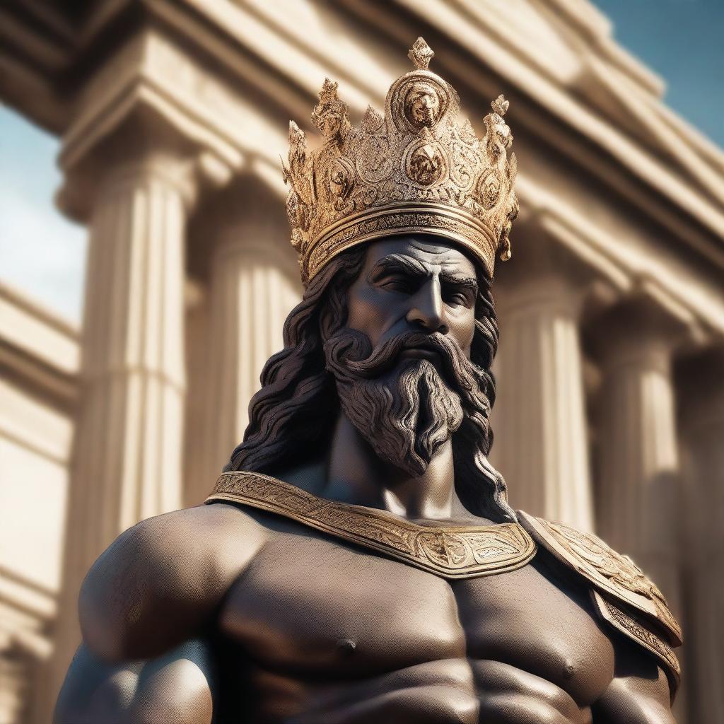 A powerful Greek god wearing intricate grillz, adorned with a majestic war crown