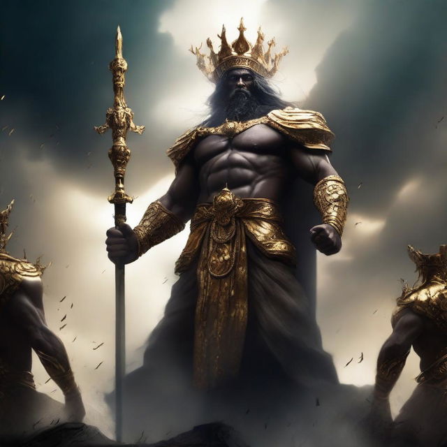 A powerful deity standing tall with a golden crown, leading a fierce gang into battle