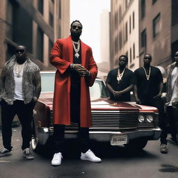 A powerful deity standing next to a luxurious car, surrounded by a group of gang members in a gritty urban setting