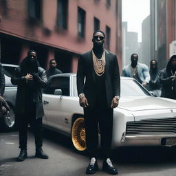 A powerful deity standing next to a luxurious car, surrounded by a group of gang members in a gritty urban setting