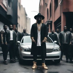 A powerful deity standing next to a luxurious car, surrounded by a group of gang members in a gritty urban setting