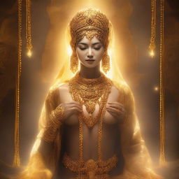 A divine figure adorned in golden attire, with intricate golden chains draped around their neck and arms