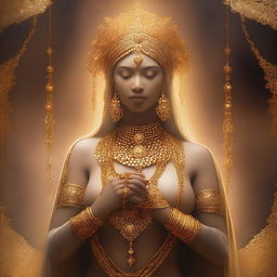 A divine figure adorned in golden attire, with intricate golden chains draped around their neck and arms