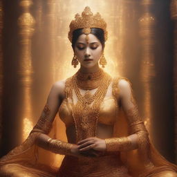 A divine figure adorned in golden attire, with intricate golden chains draped around their neck and arms