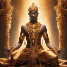 A divine figure adorned in golden attire, with intricate golden chains draped around their neck and arms