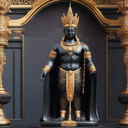 Create an image of a majestic black statue of a god, adorned with a golden crown