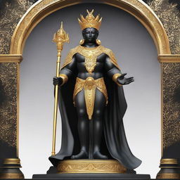 Create an image of a majestic black statue of a god, adorned with a golden crown