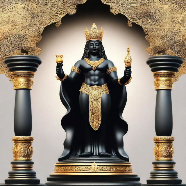 Create an image of a majestic black statue of a god, adorned with a golden crown