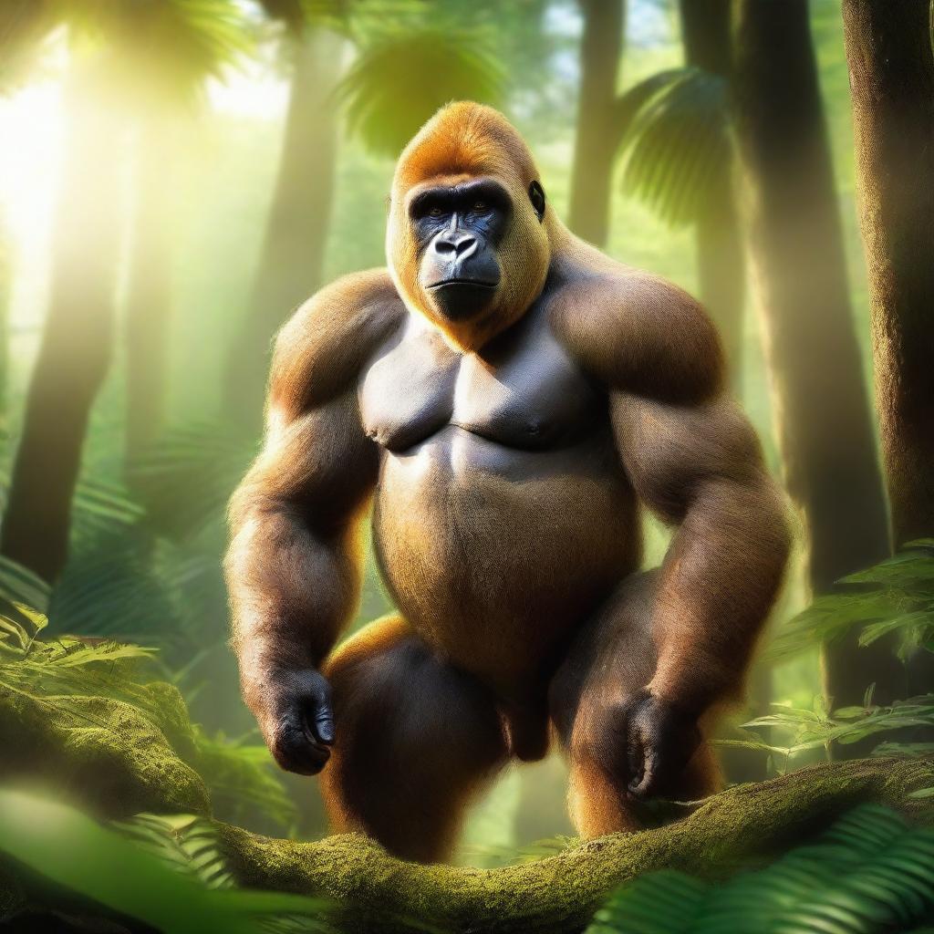 A majestic golden gorilla standing in a lush jungle