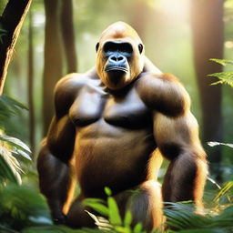 A majestic golden gorilla standing in a lush jungle