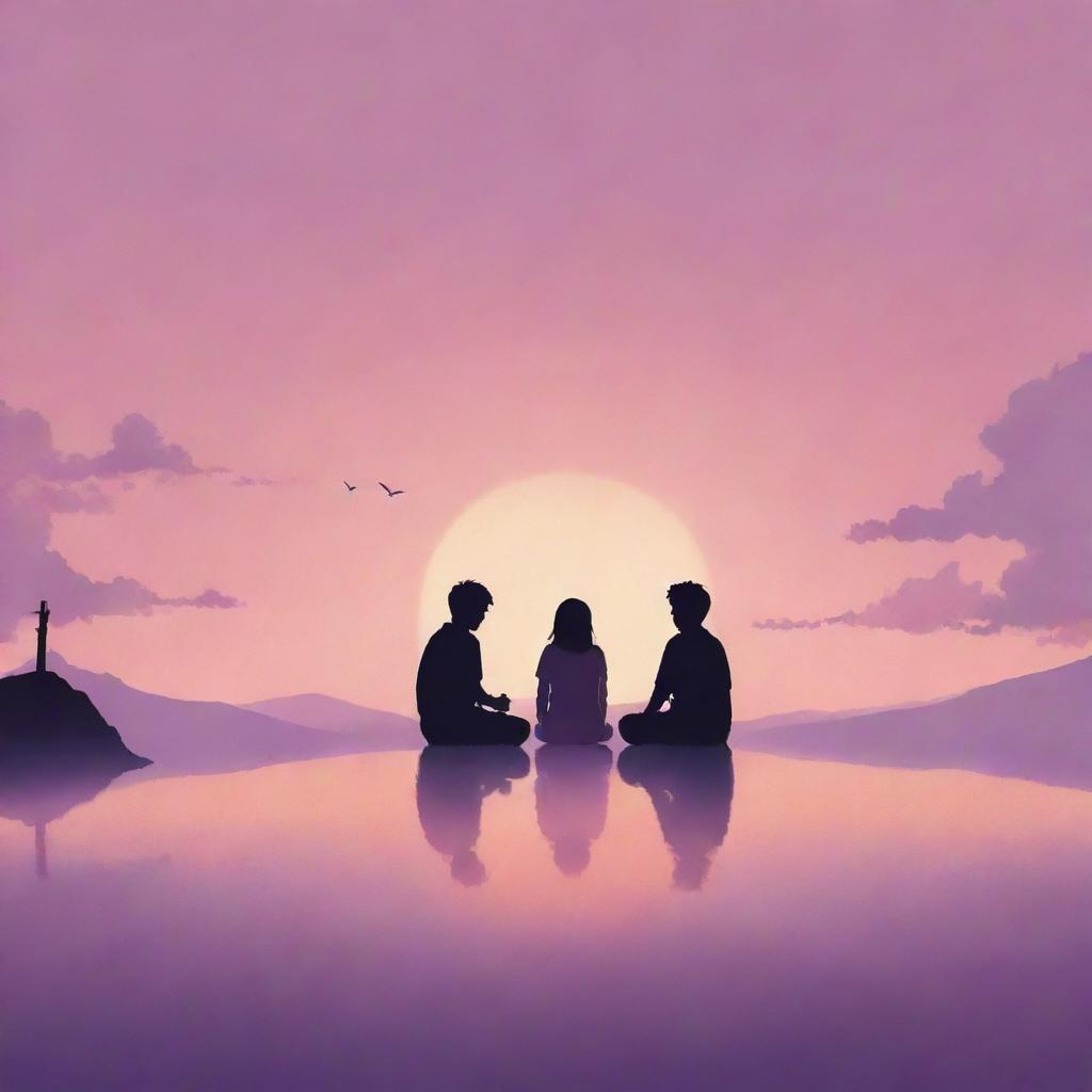 A minimalist and romantic Ghibli-style illustration of a couple sitting together, their silhouettes framed against a softly glowing sunset with hues of pink, orange, and purple.