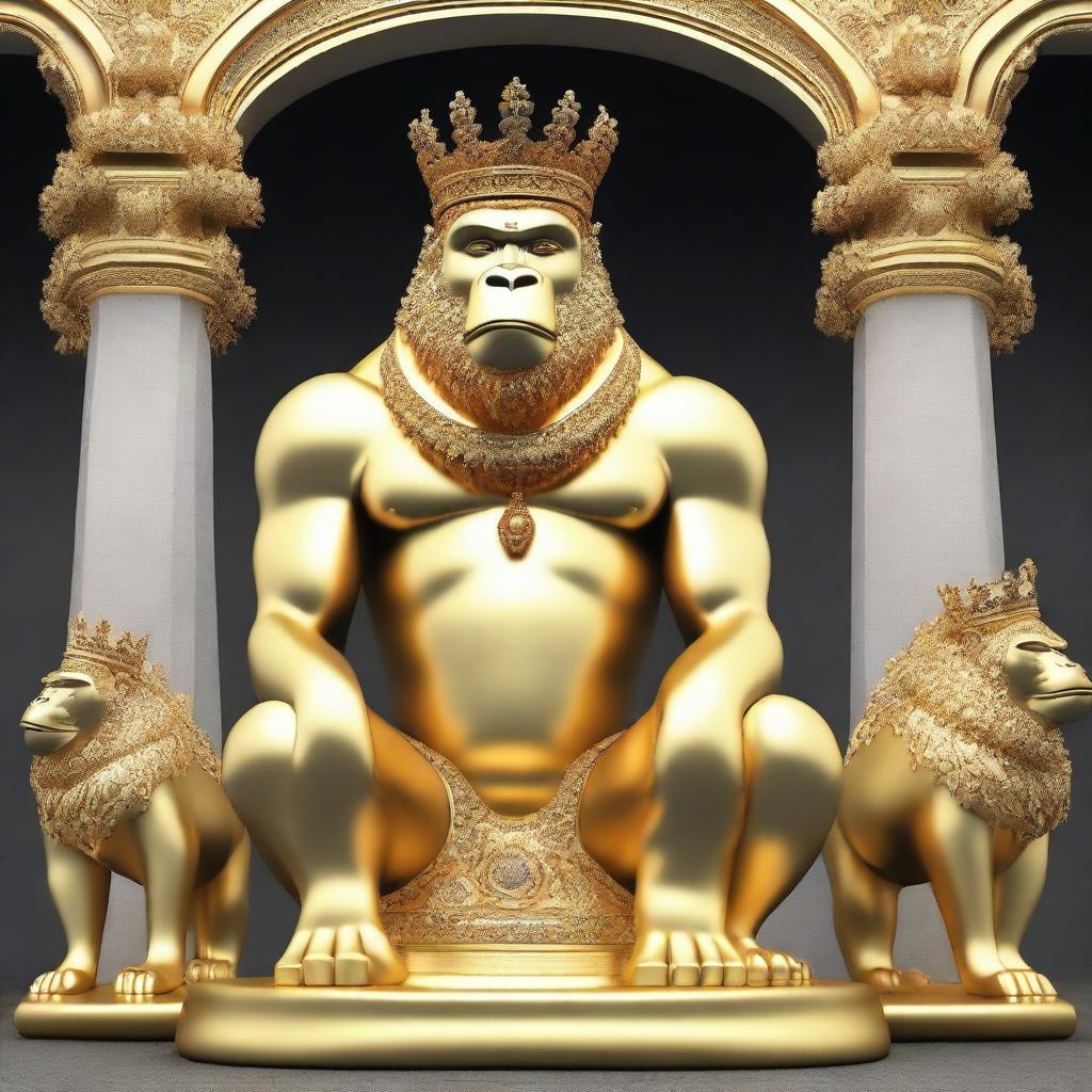 Create an image of a golden gorilla statue wearing a crown