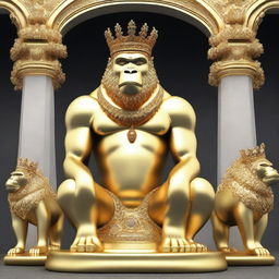 Create an image of a golden gorilla statue wearing a crown