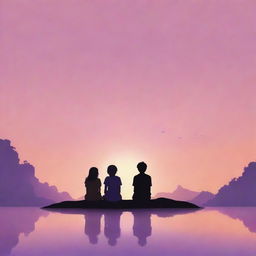 A minimalist and romantic Ghibli-style illustration of a couple sitting together, their silhouettes framed against a softly glowing sunset with hues of pink, orange, and purple.