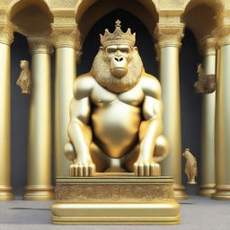 Create an image of a golden gorilla statue wearing a crown