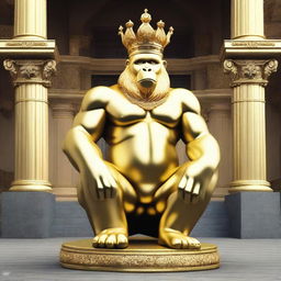 Create an image of a golden gorilla statue wearing a crown