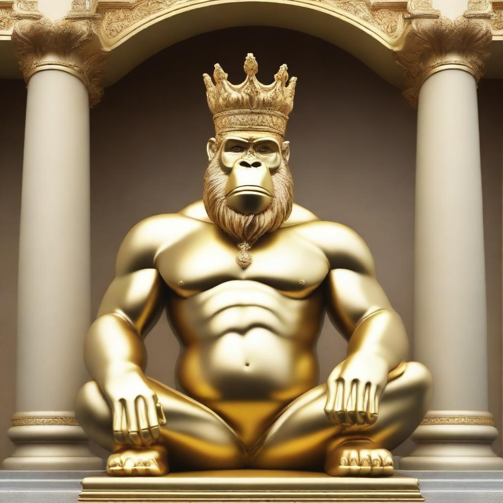 Create an image of a golden gorilla statue wearing a crown