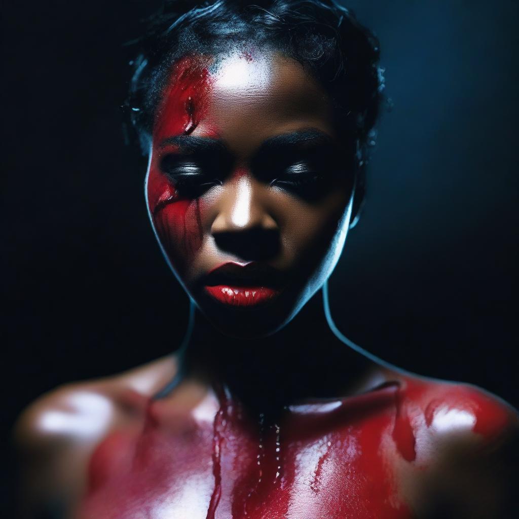 A full-body photo of a black woman with red lips, taken at ground level