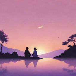 A minimalist and romantic Ghibli-style illustration of a couple sitting together, their silhouettes framed against a softly glowing sunset with hues of pink, orange, and purple.