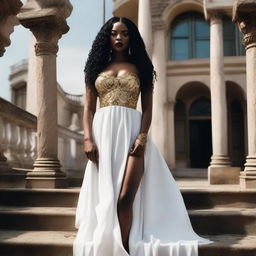 A full-body photo of a black woman with red lips, taken at ground level