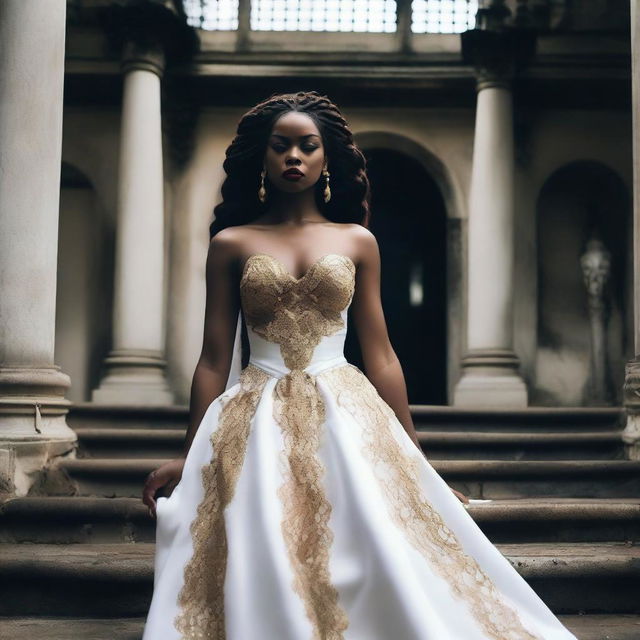 A full-body photo of a black woman with red lips, taken at ground level