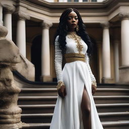 A full-body photo of a black woman with red lips, taken at ground level