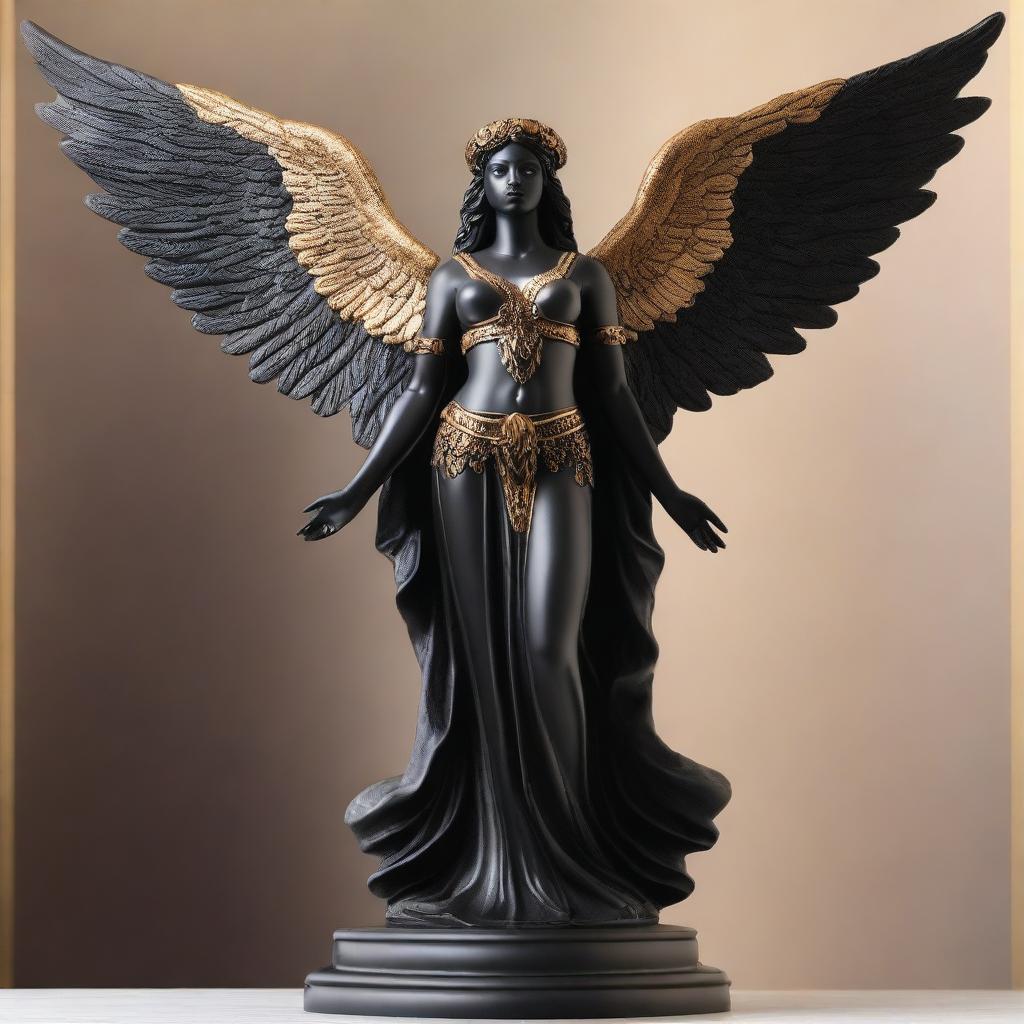 A majestic statue of a black angel standing tall with elegant wings spread wide