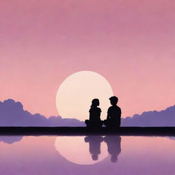 A minimalist and romantic Ghibli-style illustration of a couple sitting together, their silhouettes framed against a softly glowing sunset with hues of pink, orange, and purple.