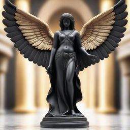 A majestic statue of a black angel standing tall with elegant wings spread wide