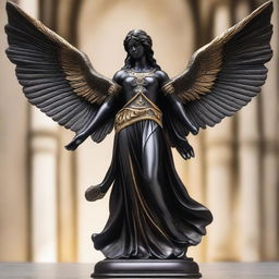 A majestic statue of a black angel standing tall with elegant wings spread wide