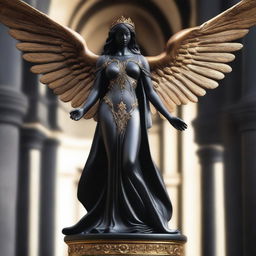 A majestic statue of a black angel standing tall with elegant wings spread wide