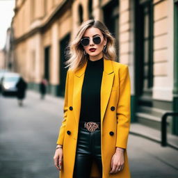 A beautiful woman with a confident and stylish appearance, dressed in trendy and fashionable clothing, posing in an urban setting