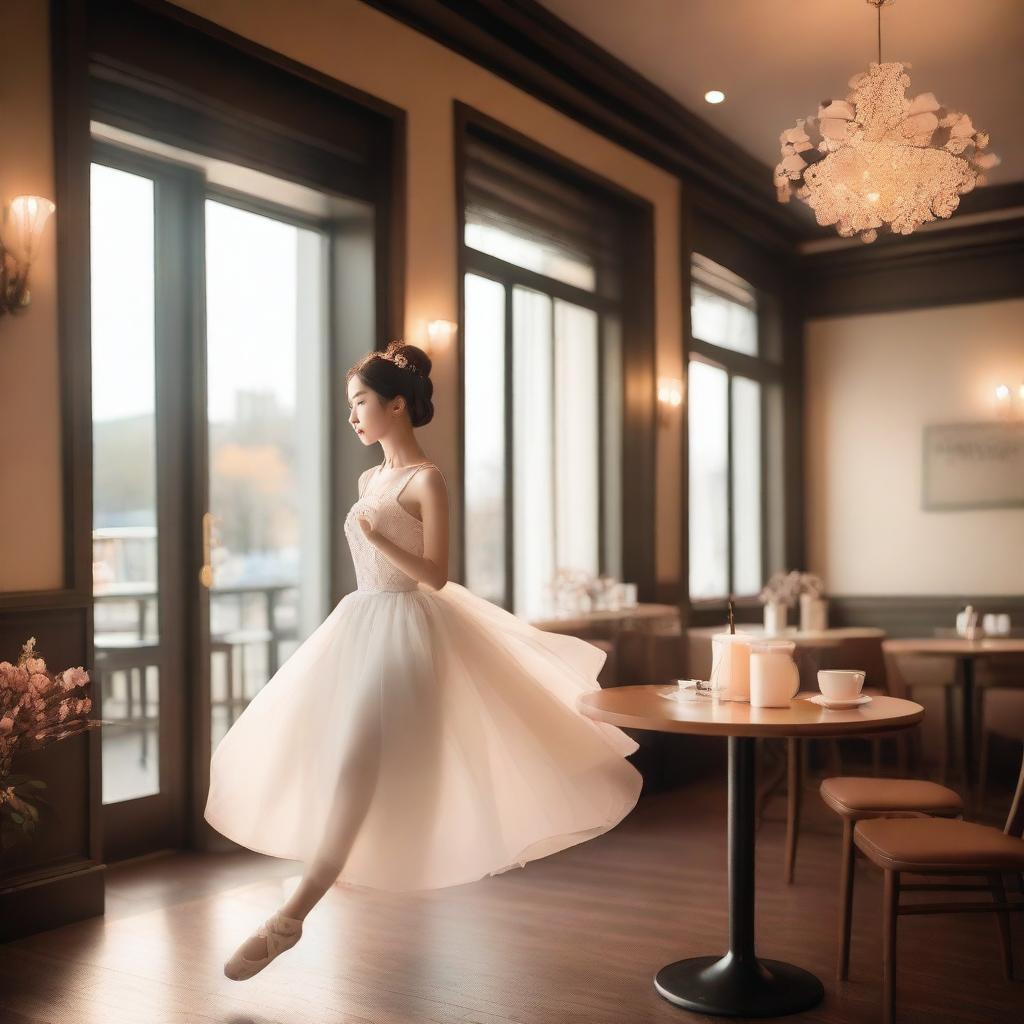 A romantic Korean scene featuring a ballet dancer and a cozy café with whipped cream on the coffee