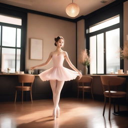 A romantic Korean scene featuring a ballet dancer and a cozy café with whipped cream on the coffee