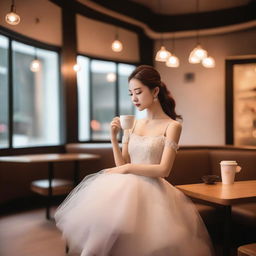 A romantic Korean scene featuring a ballet dancer and a cozy café with whipped cream on the coffee