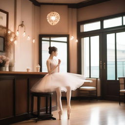 A romantic Korean scene featuring a ballet dancer and a cozy café with whipped cream on the coffee