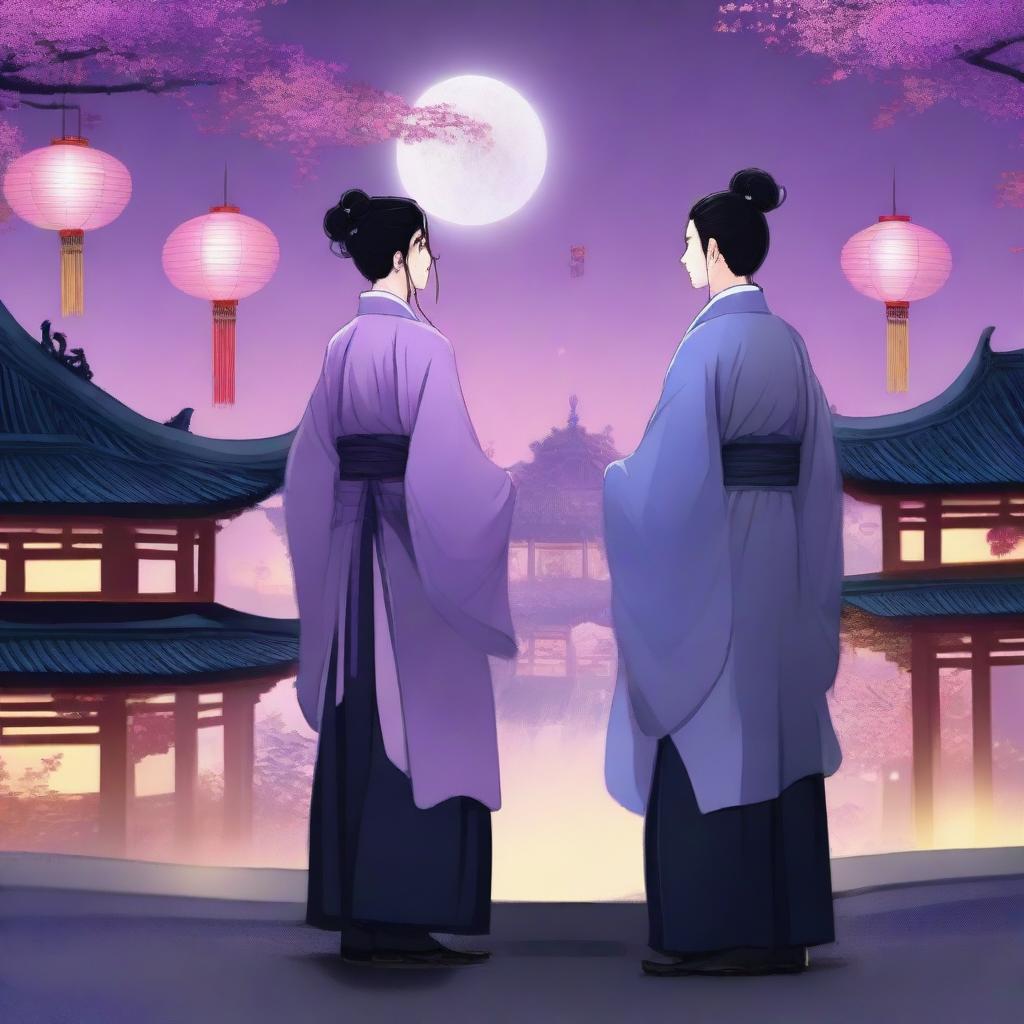 Two ancient Chinese men stand on the roof of a building in an ancient Chinese city at night, looking at Chinese lanterns flying above