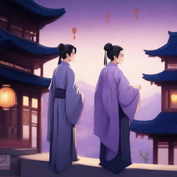 Two ancient Chinese men stand on the roof of a building in an ancient Chinese city at night, looking at Chinese lanterns flying above