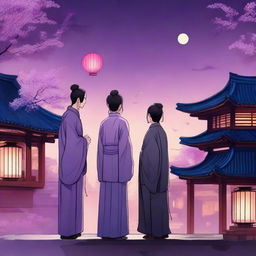 Two ancient Chinese men stand on the roof of a building in an ancient Chinese city at night, looking at Chinese lanterns flying above