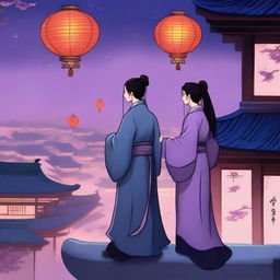 Two ancient Chinese men stand on the roof of a building in an ancient Chinese city at night, looking at Chinese lanterns flying above