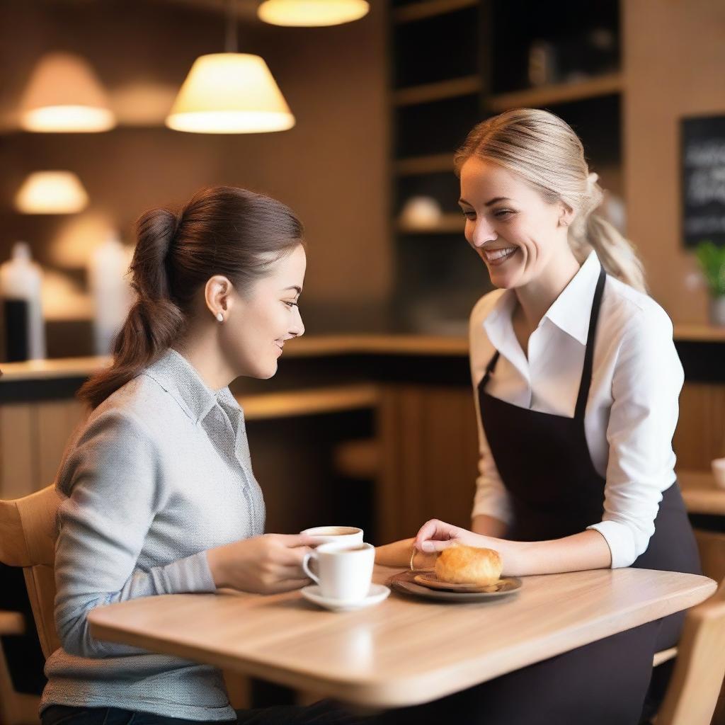 A waitress in a café serving a man who is sitting at a table