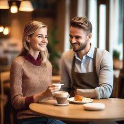 A waitress in a café serving a man who is sitting at a table