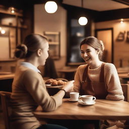 A waitress in a café serving a man who is sitting at a table