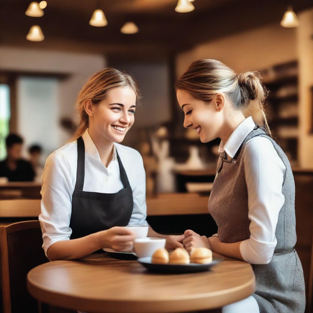 A waitress in a café serving a man who is sitting at a table