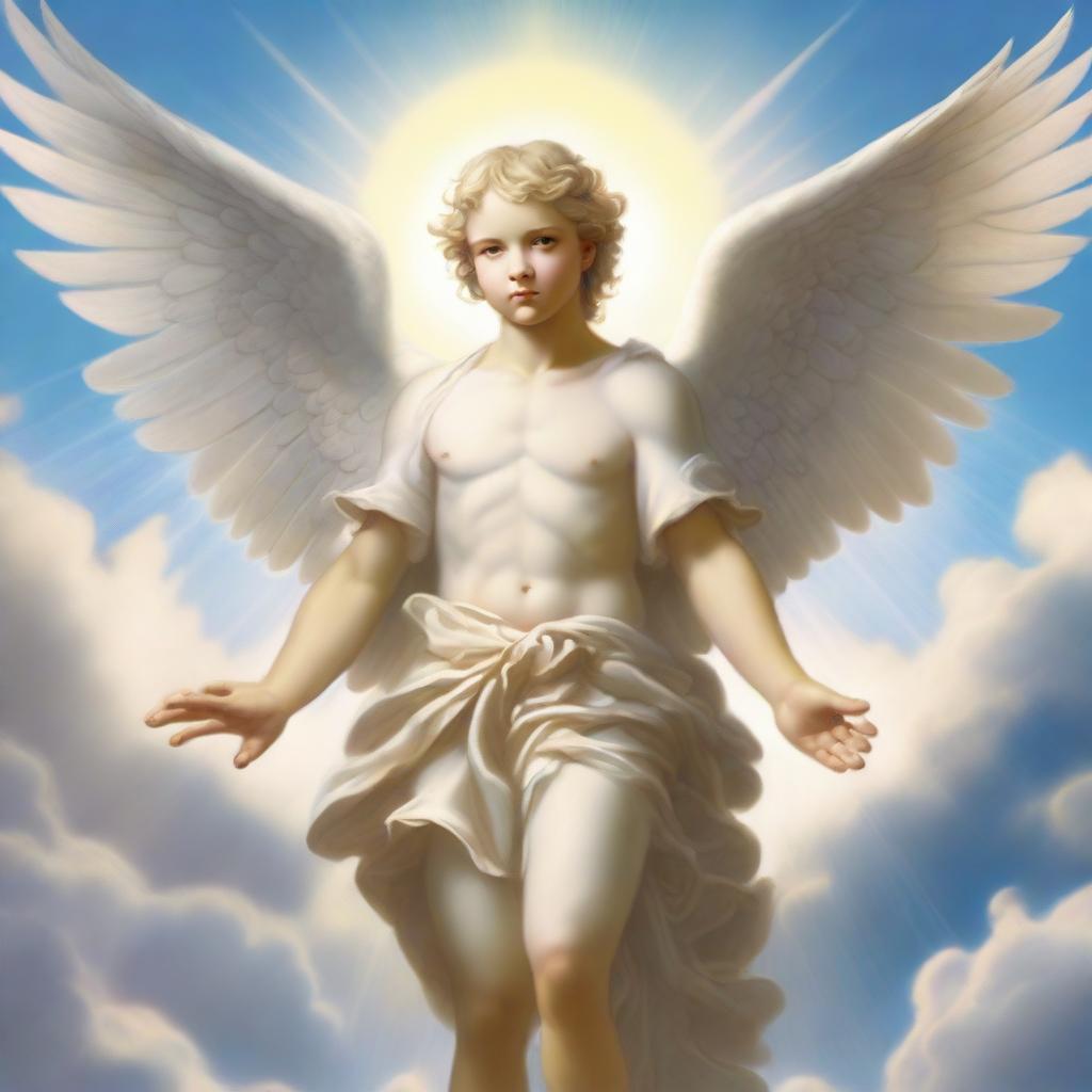 A detailed illustration of a male cherubim, featuring angelic wings, a serene expression, and divine light surrounding him