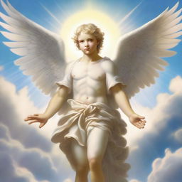 A detailed illustration of a male cherubim, featuring angelic wings, a serene expression, and divine light surrounding him