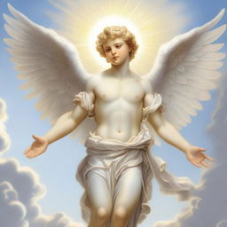 A detailed illustration of a male cherubim, featuring angelic wings, a serene expression, and divine light surrounding him